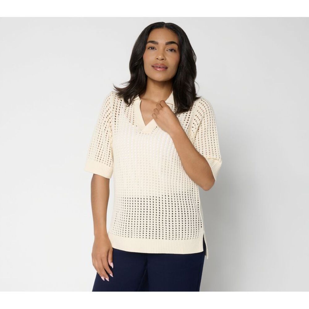 Susan Graver Women's Top Sweater Sz XL Open Stitch Collared White